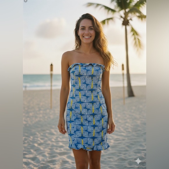 Lilly Pulitzer Strapless Dress Blue Yellow Butterfly Print Size 6 - Picture 1 of 10